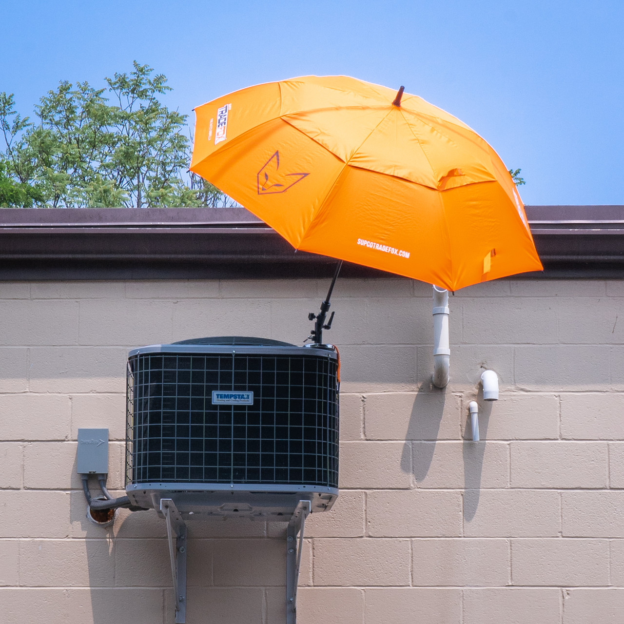MUKIT-FR Fire-Rated Fabric Umbrella Fire-Rated Fabric! Magnetic Umbrella connected to an outside air conditioner unit.