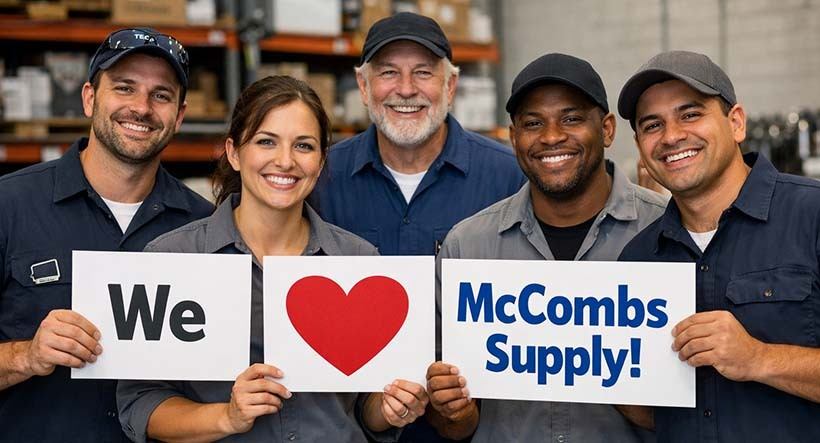 Visit from some service techs Appliance Service Techs holding up signs saying they love McCombs Supply