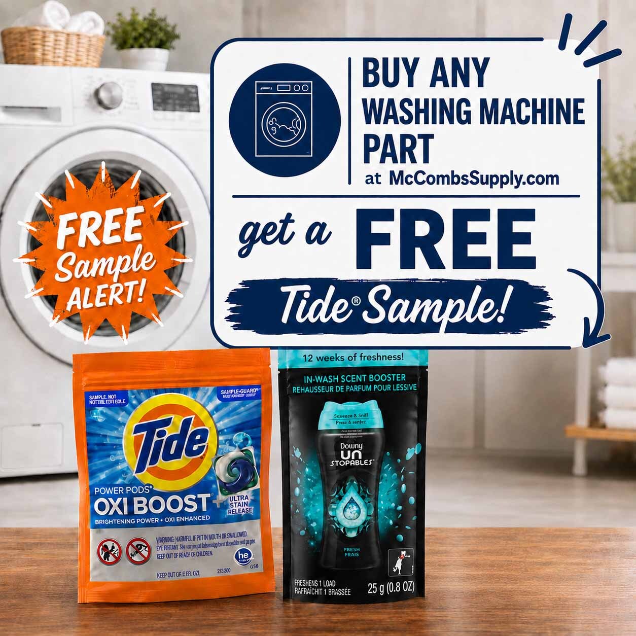 Free Tide® Sample Pack w/ Purchase of Washer Parts at McCombs Supply Free Tide® Sample Pack w/ Purchase of Washer Parts at McCombs Supply